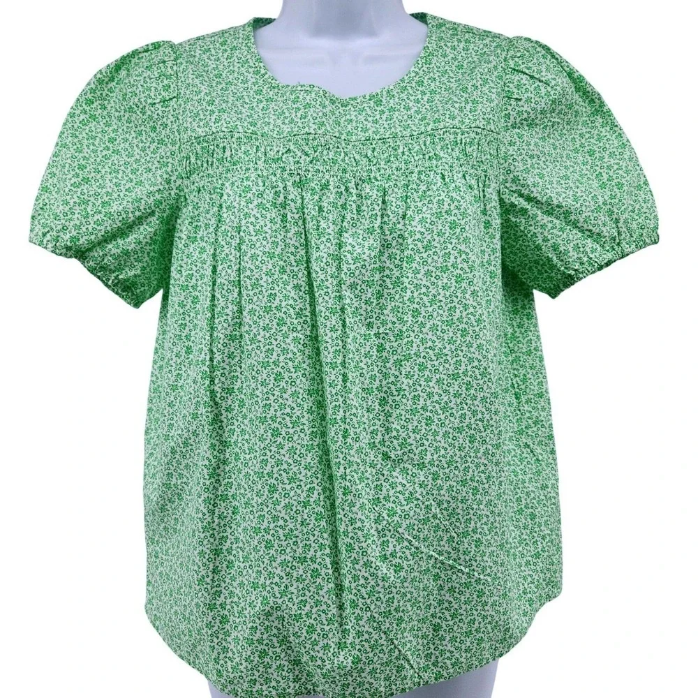 NWT‎ J Crew Floral Puff Sleeve Blouse Womens XS Green Cottagecore Top